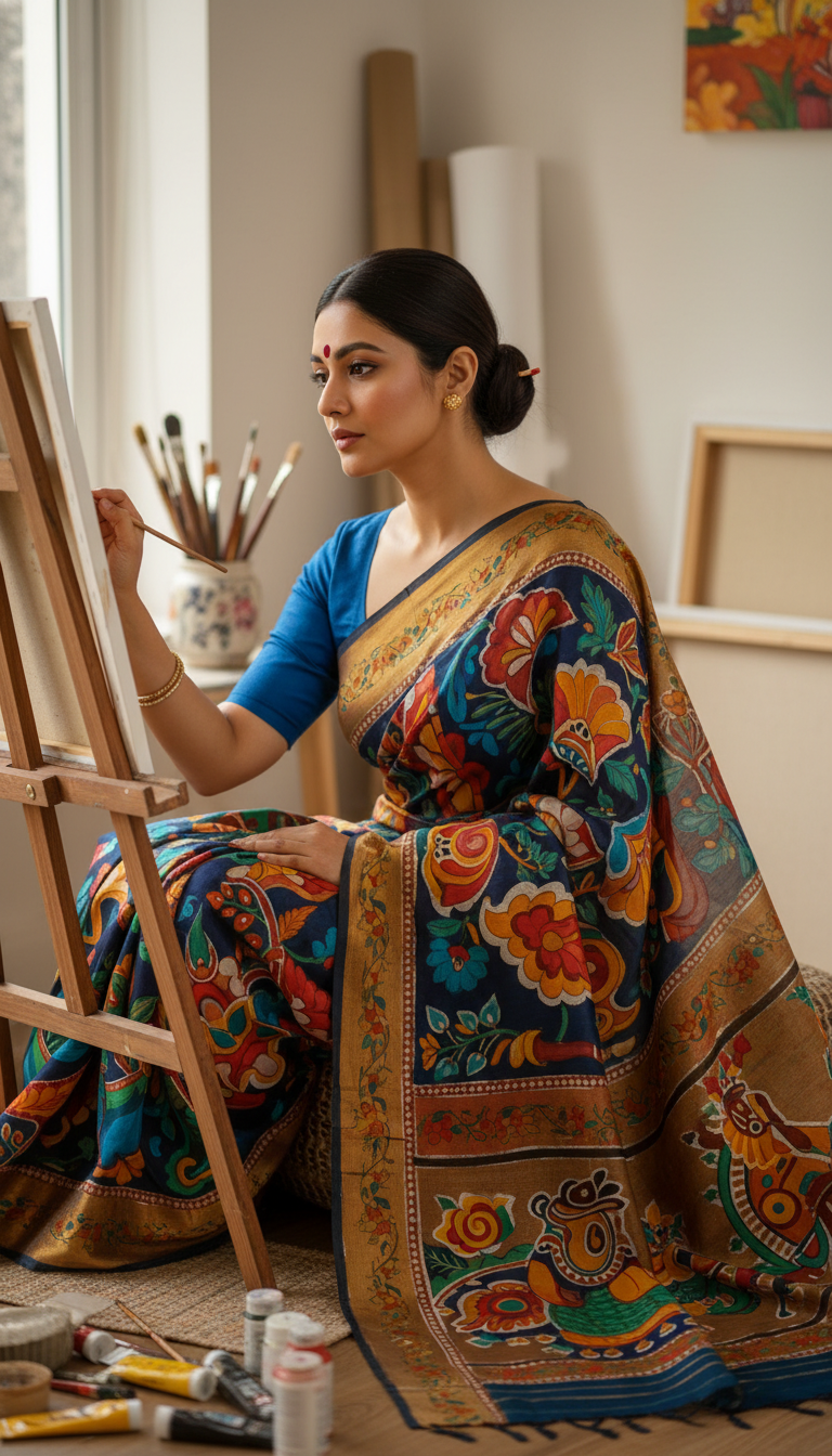 View Artistic Hand-painted Saree Creation Scene - AI transformation template example full size Artistic Hand-painted Saree Creation Scene - AI transformation template example