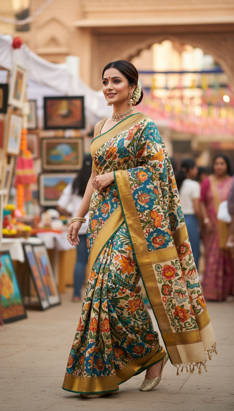 View Hand-painted Saree at Cultural Art Festival - AI transformation template example full size Hand-painted Saree at Cultural Art Festival - AI transformation template example