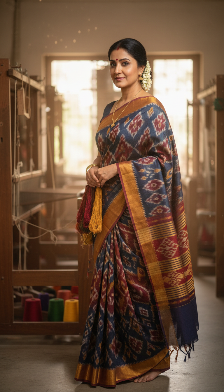 View Adult person in Ikat Saree at Handloom Workshop - AI transformation template example full size Adult person in Ikat Saree at Handloom Workshop - AI transformation template example