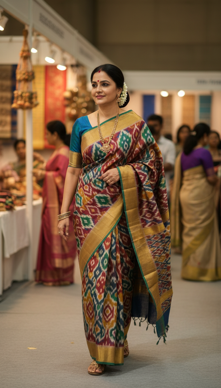 View Ikat Saree Elegance at Textile Exhibition - AI transformation template example full size Ikat Saree Elegance at Textile Exhibition - AI transformation template example