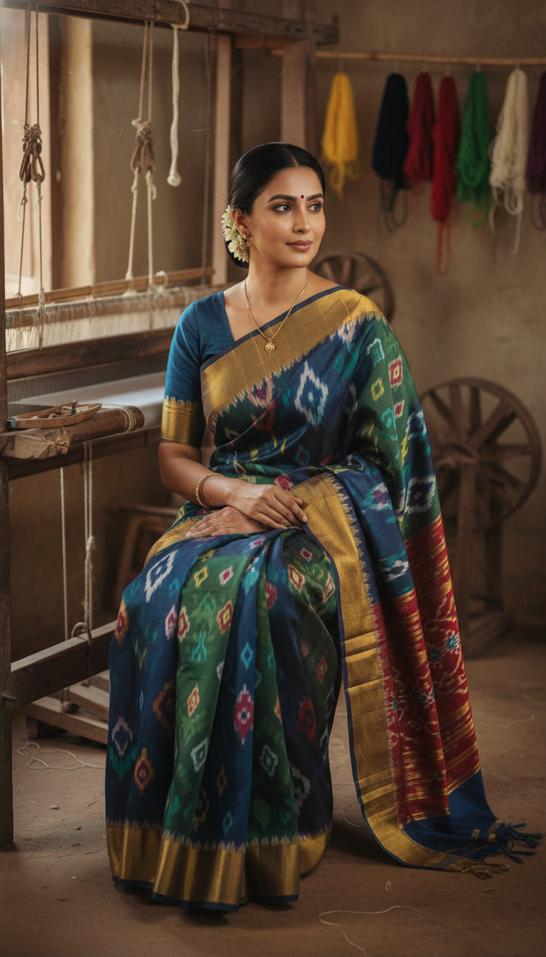 View Ikat Saree Weaver Near Traditional Loom - AI transformation template example full size Ikat Saree Weaver Near Traditional Loom - AI transformation template example