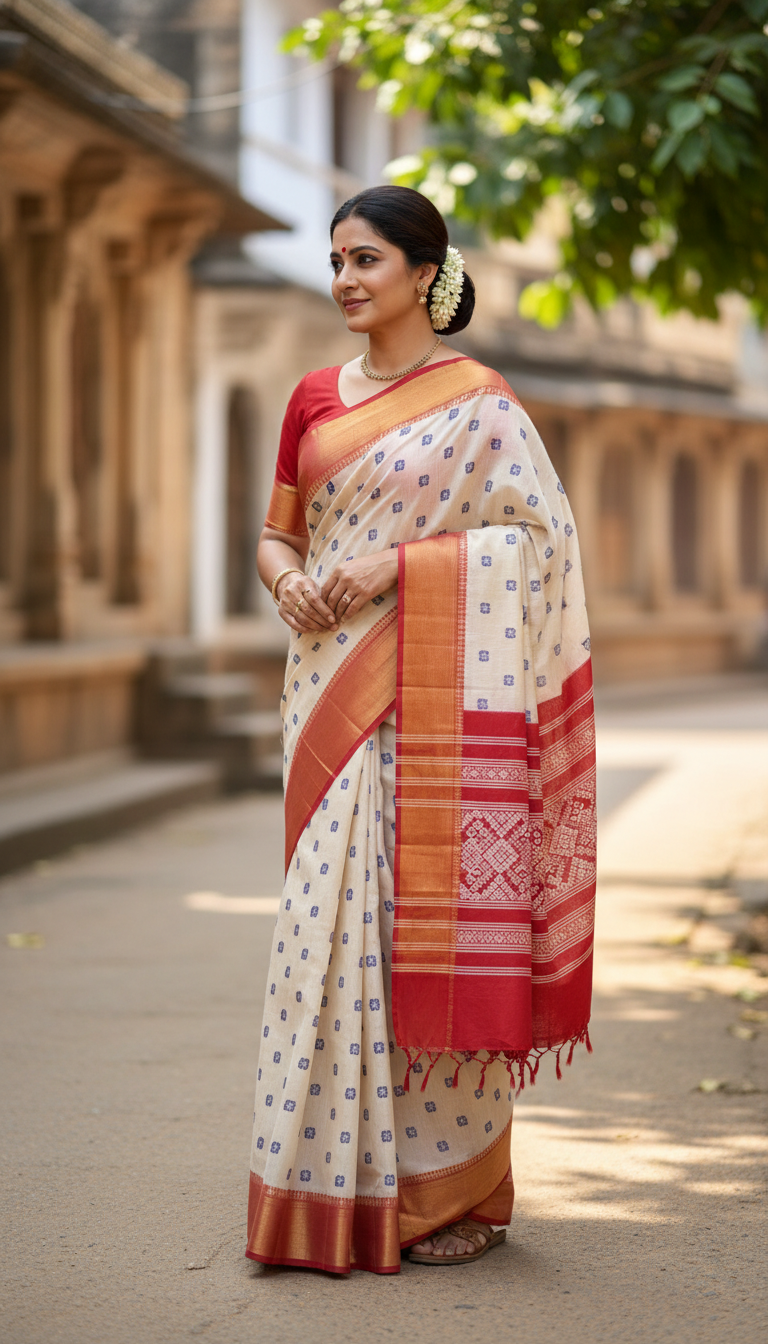 View Ilkal Saree in Heritage Village Street - AI transformation template example full size Ilkal Saree in Heritage Village Street - AI transformation template example