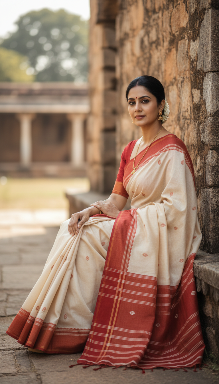 Ilkal Saree Portrait by Stone Wall - AI transformation template example
