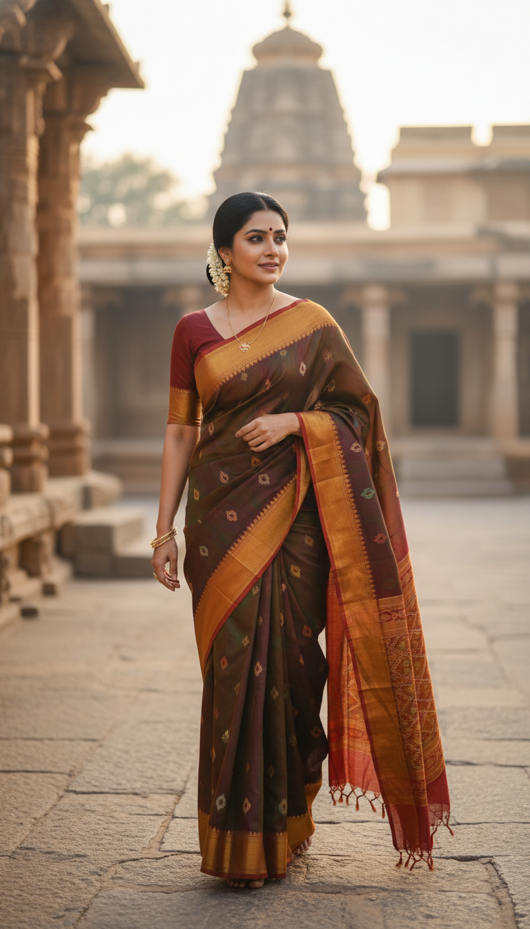 View Ilkal Saree in Temple Town - AI transformation template example full size Ilkal Saree in Temple Town - AI transformation template example