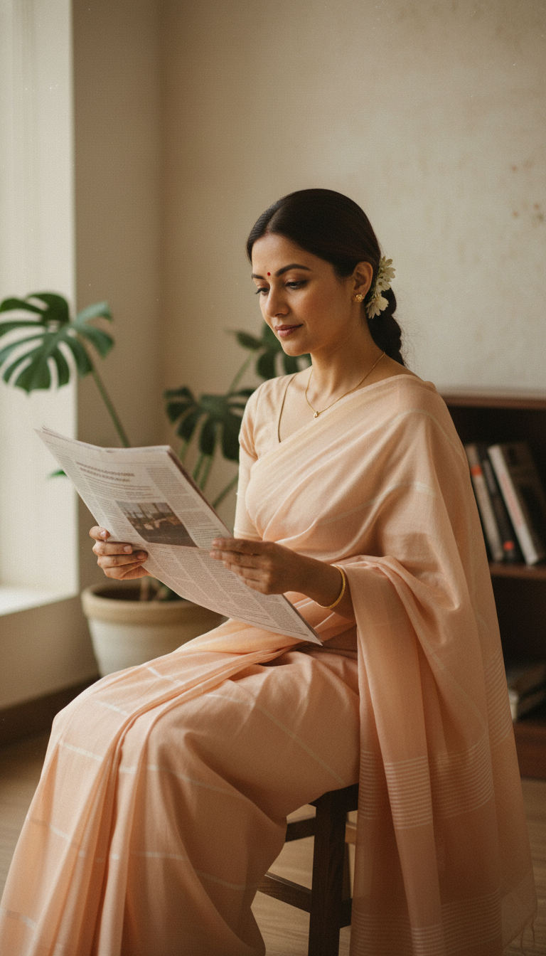 View Cotton Saree Scene: Person Reading Newspaper - AI transformation template example full size Cotton Saree Scene: Person Reading Newspaper - AI transformation template example