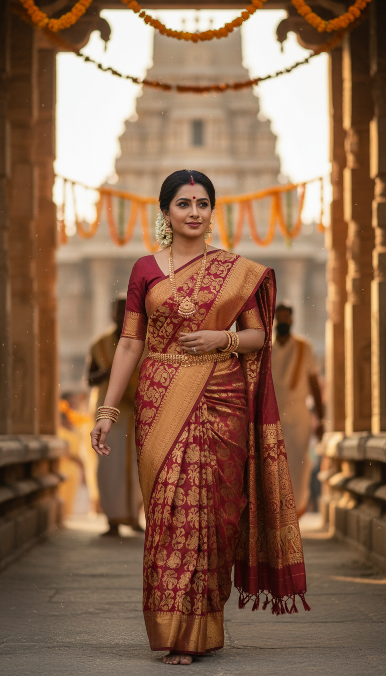 View Temple Saree in Religious Procession - AI transformation template example full size Temple Saree in Religious Procession - AI transformation template example
