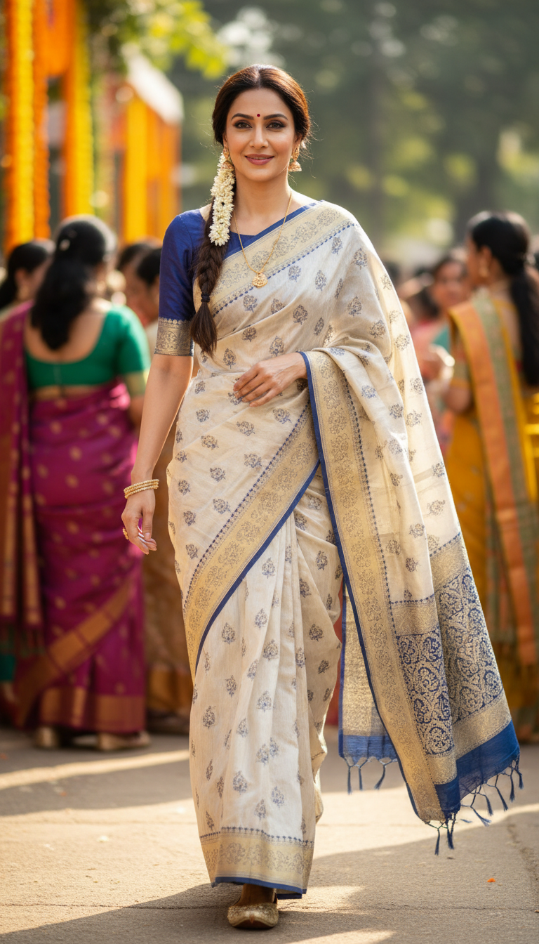 View Jamdani Saree at Daytime Cultural Gathering - AI transformation template example full size Jamdani Saree at Daytime Cultural Gathering - AI transformation template example