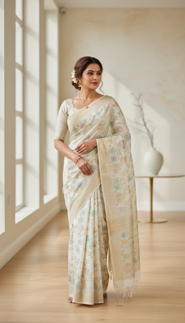View Jamdani Saree in Bright Airy Room - AI transformation template example full size Jamdani Saree in Bright Airy Room - AI transformation template example