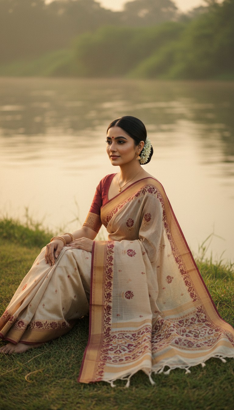 View Jamdani Saree Serenity by Riverbank - AI transformation template example full size Jamdani Saree Serenity by Riverbank - AI transformation template example