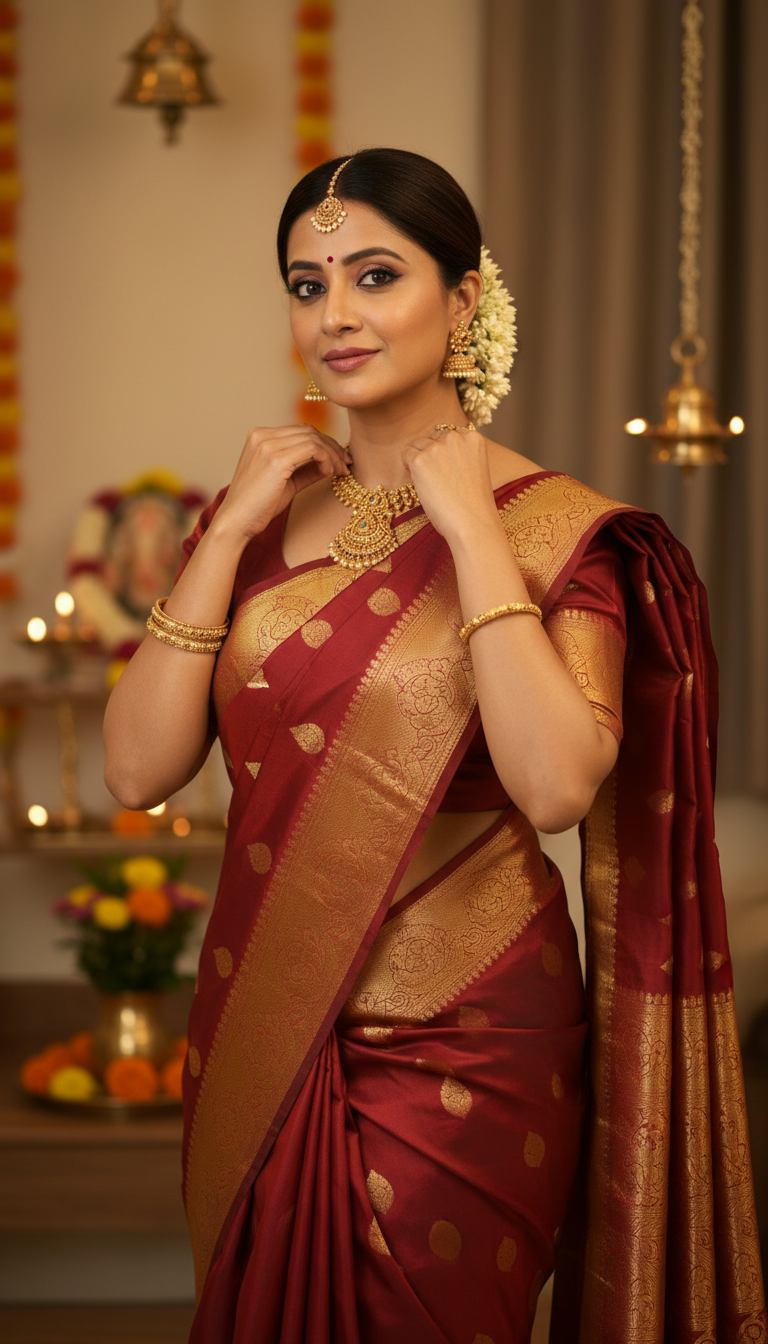 View Kanjeevaram Saree Festive Home Temple Jewelry - AI transformation template example full size Kanjeevaram Saree Festive Home Temple Jewelry - AI transformation template example