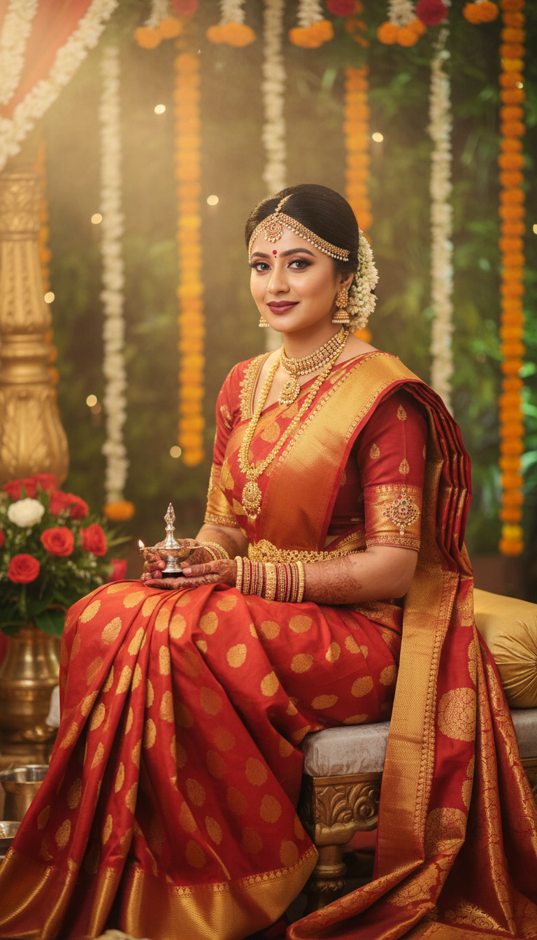 View Red Gold Kanjeevaram Saree Bride Seated Wedding Ritual - AI transformation template example full size Red Gold Kanjeevaram Saree Bride Seated Wedding Ritual - AI transformation template example