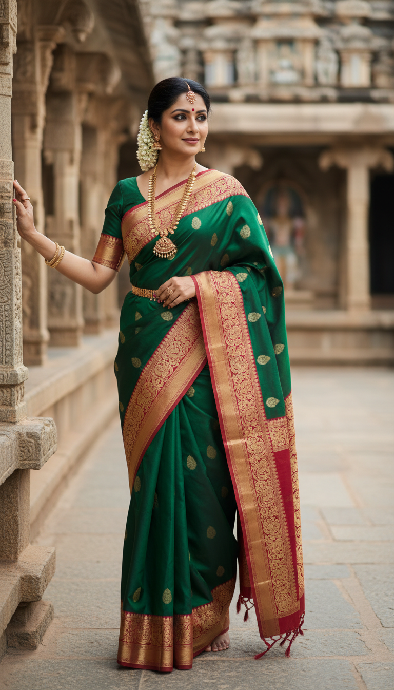 View South Indian Kanjeevaram Saree in Temple Courtyard - AI transformation template example full size South Indian Kanjeevaram Saree in Temple Courtyard - AI transformation template example