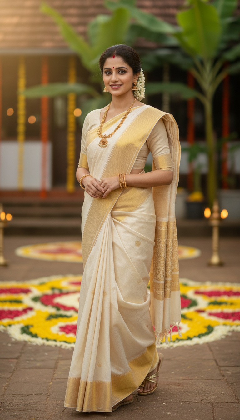 View Kasavu Saree at Onam Festival - AI transformation template example full size Kasavu Saree at Onam Festival - AI transformation template example