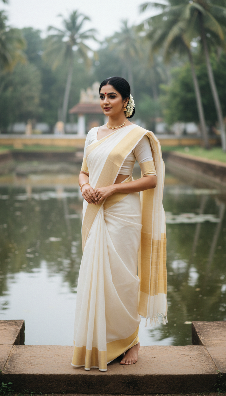 View Kasavu Saree by Temple Pond - AI transformation template example full size Kasavu Saree by Temple Pond - AI transformation template example