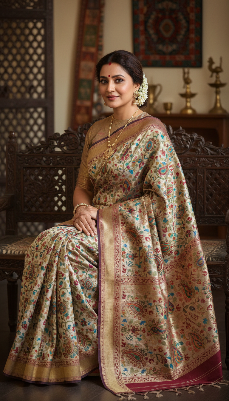 View Kashmiri Silk Saree on Carved Wooden Bench Portrait - AI transformation template example full size Kashmiri Silk Saree on Carved Wooden Bench Portrait - AI transformation template example