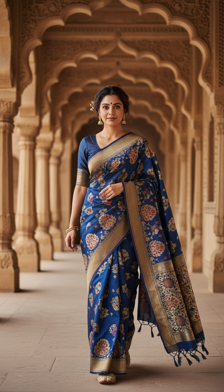 Kashmiri Silk Saree in Heritage Corridor Walk - AI transformation template example