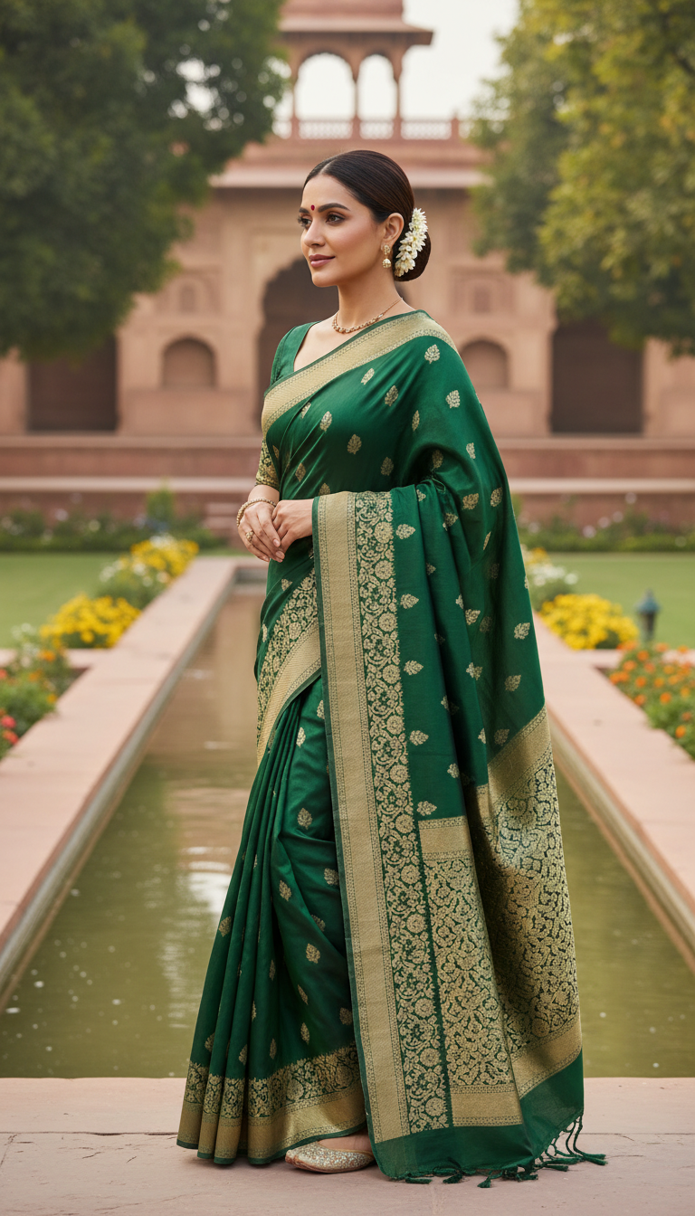 View Kashmiri Silk Saree Elegance in a Mughal Garden - AI transformation template example full size Kashmiri Silk Saree Elegance in a Mughal Garden - AI transformation template example