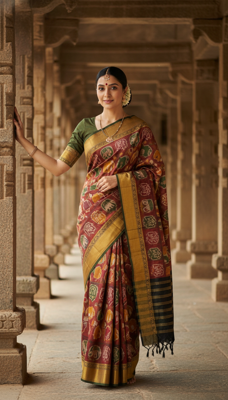 View Khandua Ikat Silk Saree in Odisha Temple Corridor - AI transformation template example full size Khandua Ikat Silk Saree in Odisha Temple Corridor - AI transformation template example