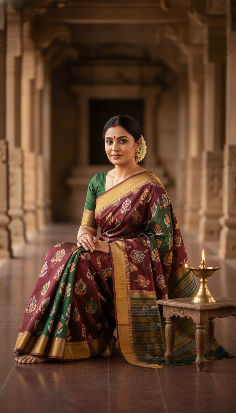 View Khandua Saree with Oil Lamp in Traditional Setting - AI transformation template example full size Khandua Saree with Oil Lamp in Traditional Setting - AI transformation template example