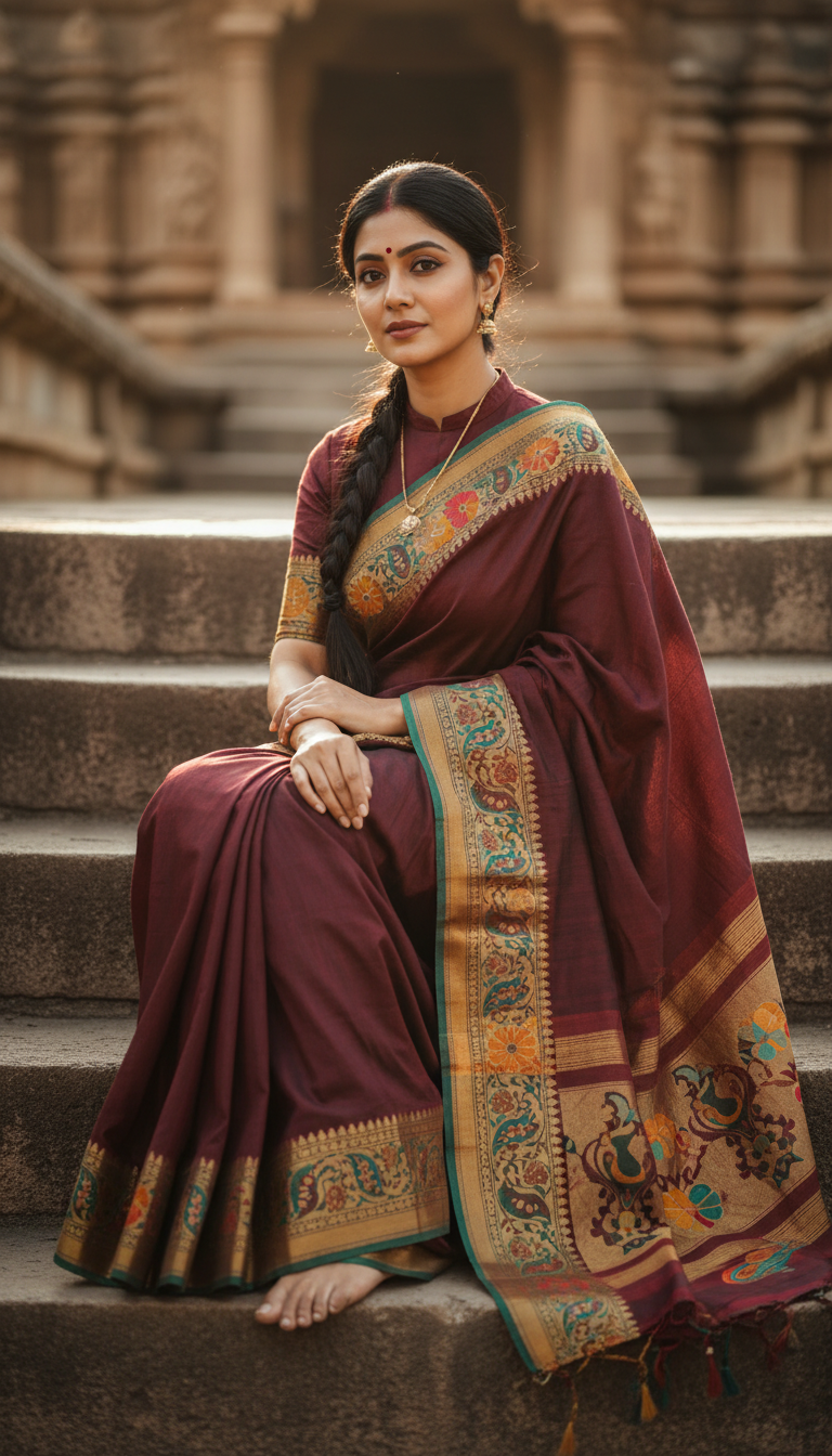View Kolhapuri Saree by Temple Steps - AI transformation template example full size Kolhapuri Saree by Temple Steps - AI transformation template example