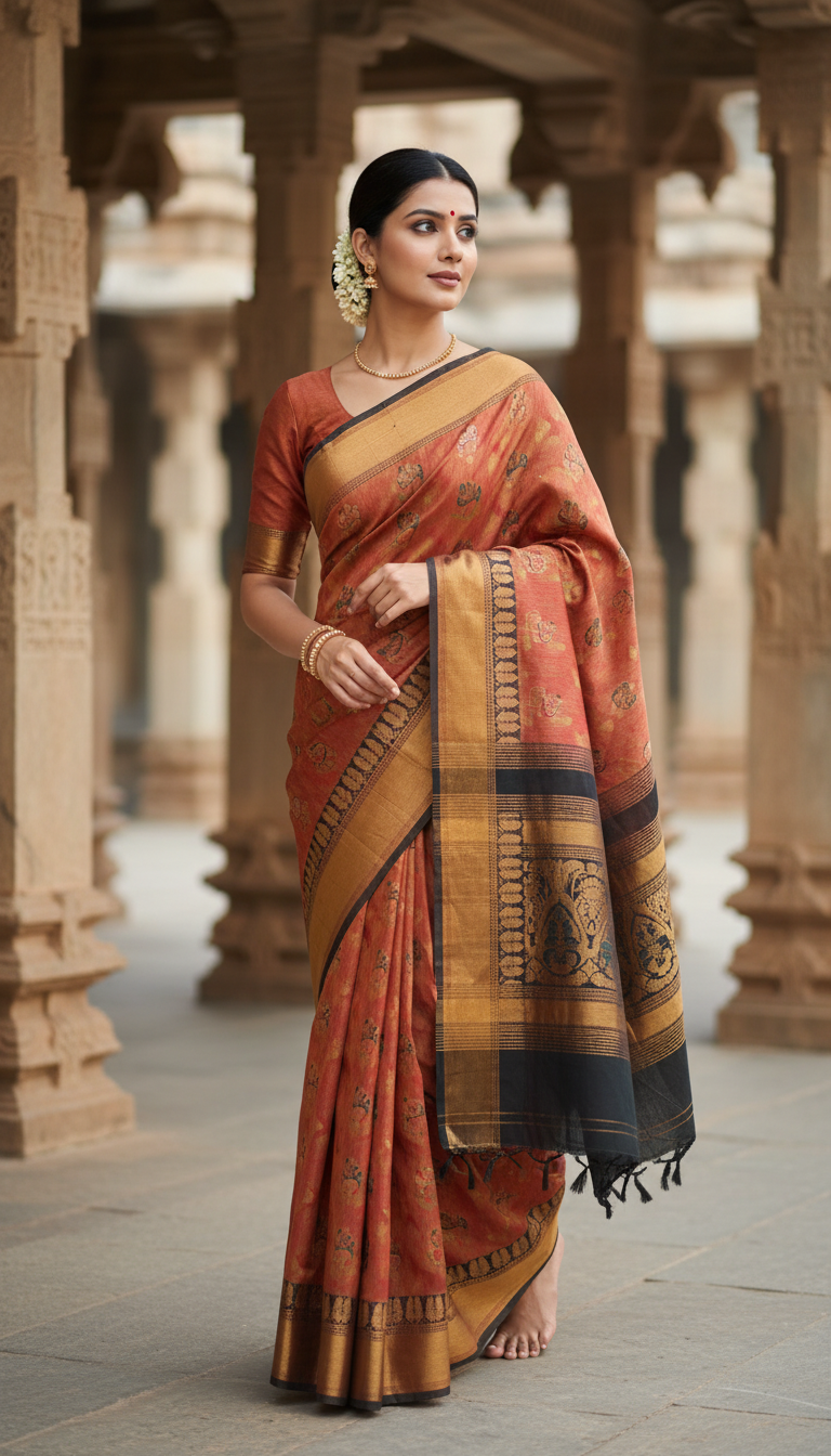 View Kolhapuri Saree in Temple Courtyard - AI transformation template example full size Kolhapuri Saree in Temple Courtyard - AI transformation template example