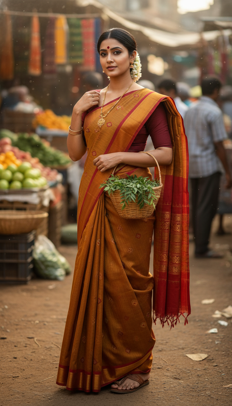 View Kolhapuri Saree in Rural Market - AI transformation template example full size Kolhapuri Saree in Rural Market - AI transformation template example