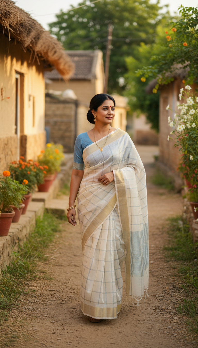 View Kota Doria Saree Summer Village Walk - AI transformation template example full size Kota Doria Saree Summer Village Walk - AI transformation template example