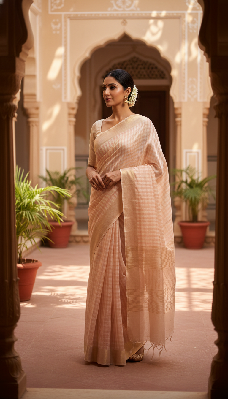 View Kota Doria Saree in Sunlit Courtyard - AI transformation template example full size Kota Doria Saree in Sunlit Courtyard - AI transformation template example