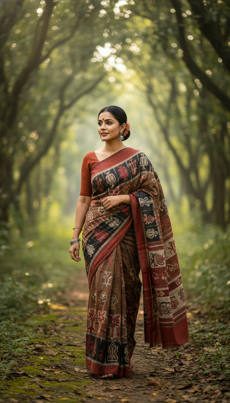 View Kotpad Saree in Forest Path: Tribal Elegance - AI transformation template example full size Kotpad Saree in Forest Path: Tribal Elegance - AI transformation template example