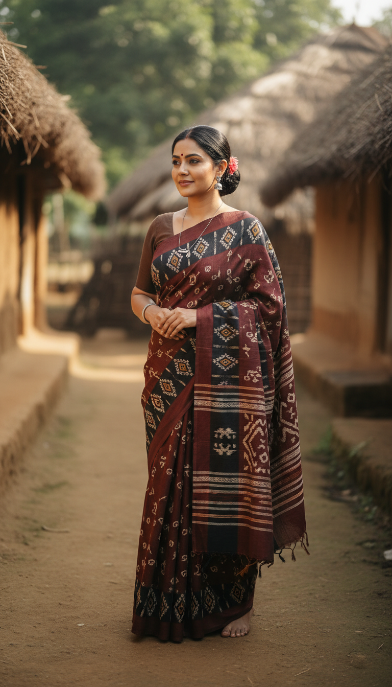 View Kotpad Saree in Tribal Village Setting - AI transformation template example full size Kotpad Saree in Tribal Village Setting - AI transformation template example