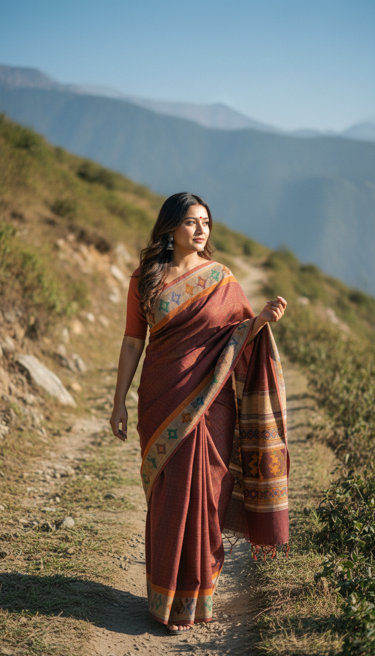 View Kullu Woolen Saree on Himachal Hillside Path - AI transformation template example full size Kullu Woolen Saree on Himachal Hillside Path - AI transformation template example