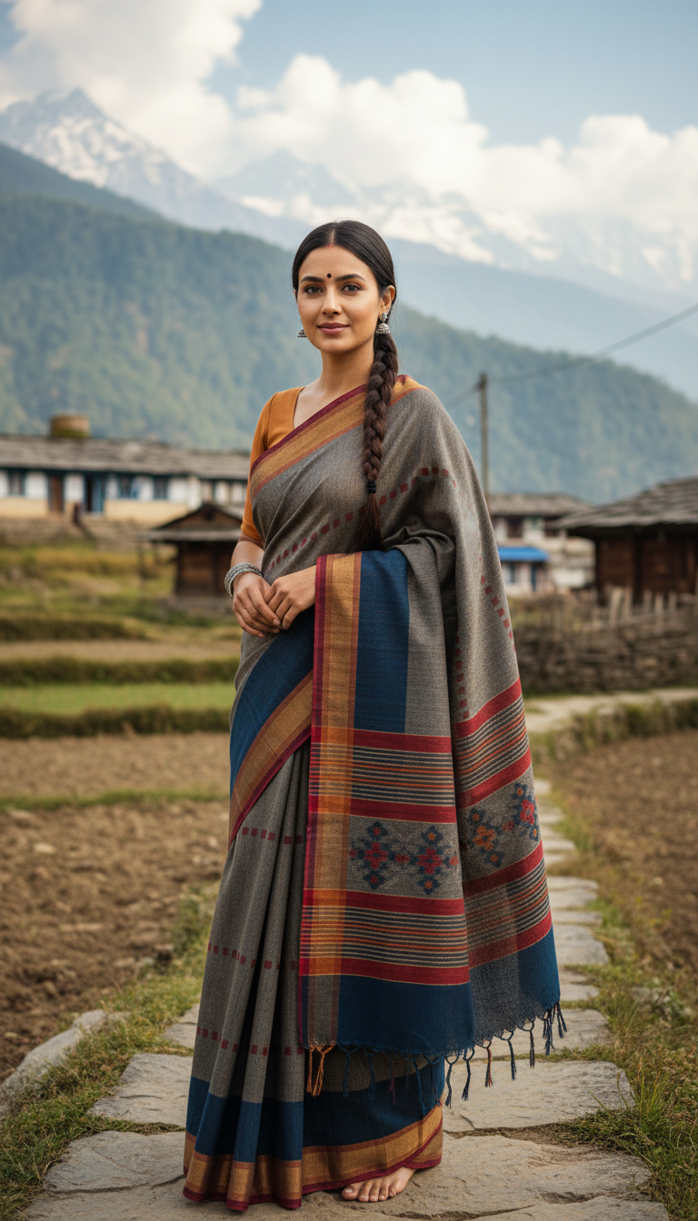 Kullu Woolen Saree in Himachal Mountain Village - AI transformation template example