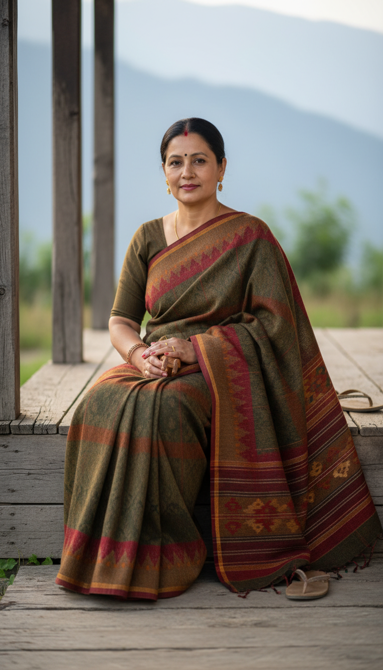 View Kullu Woolen Saree on Wooden Porch - AI transformation template example full size Kullu Woolen Saree on Wooden Porch - AI transformation template example