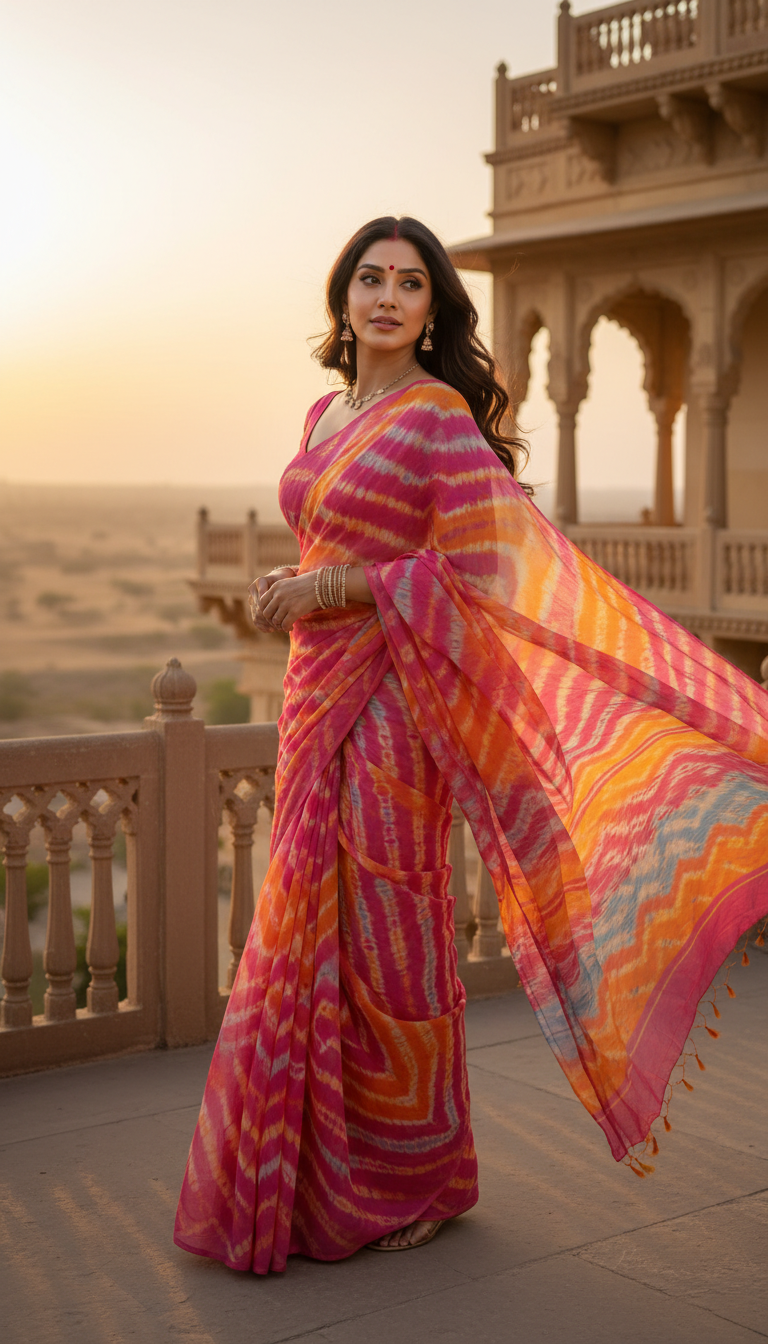 View Leheriya Saree on Palace Terrace with Flowing Fabric - AI transformation template example full size Leheriya Saree on Palace Terrace with Flowing Fabric - AI transformation template example