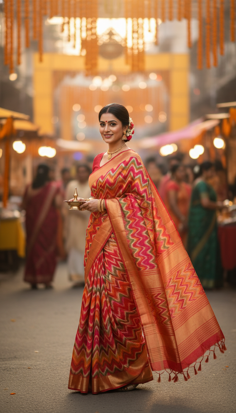 View Adult person wearing Leheriya saree during Teej festival walk - AI transformation template example full size Adult person wearing Leheriya saree during Teej festival walk - AI transformation template example