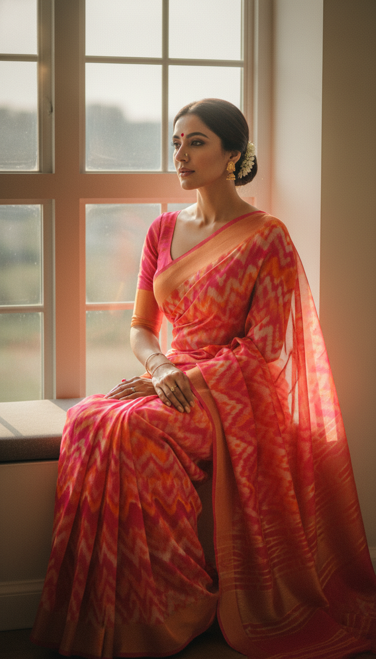 View Leheriya Saree by Window with Soft Sunlight - AI transformation template example full size Leheriya Saree by Window with Soft Sunlight - AI transformation template example