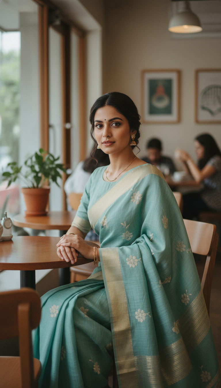 View Linen Saree in Chic Cafe Setting - AI transformation template example full size Linen Saree in Chic Cafe Setting - AI transformation template example