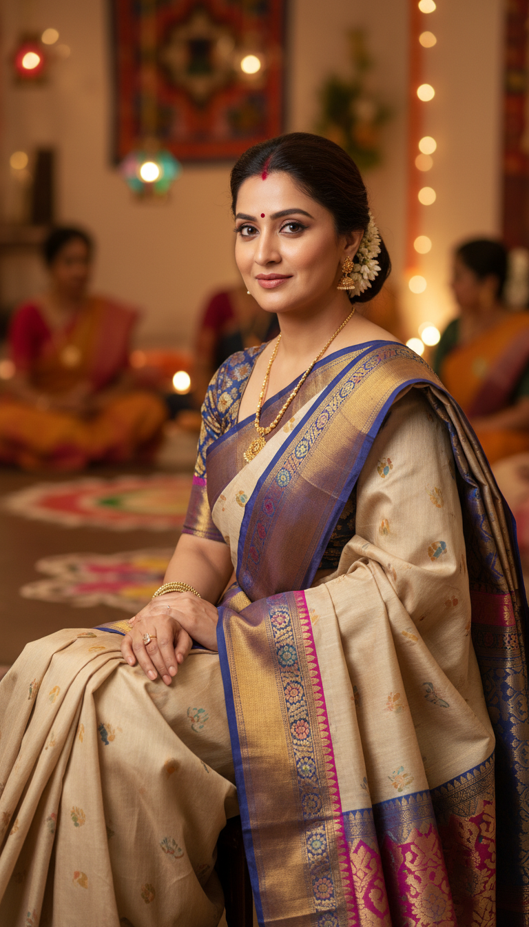 View Maheshwari Saree at Cultural Gathering - AI transformation template example full size Maheshwari Saree at Cultural Gathering - AI transformation template example