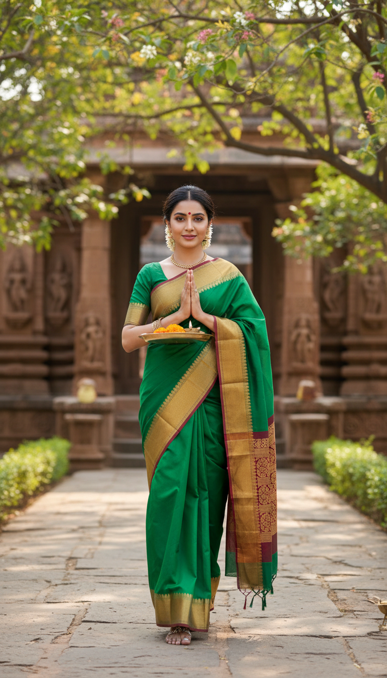 View Maheshwari Saree Temple Walk - AI transformation template example full size Maheshwari Saree Temple Walk - AI transformation template example