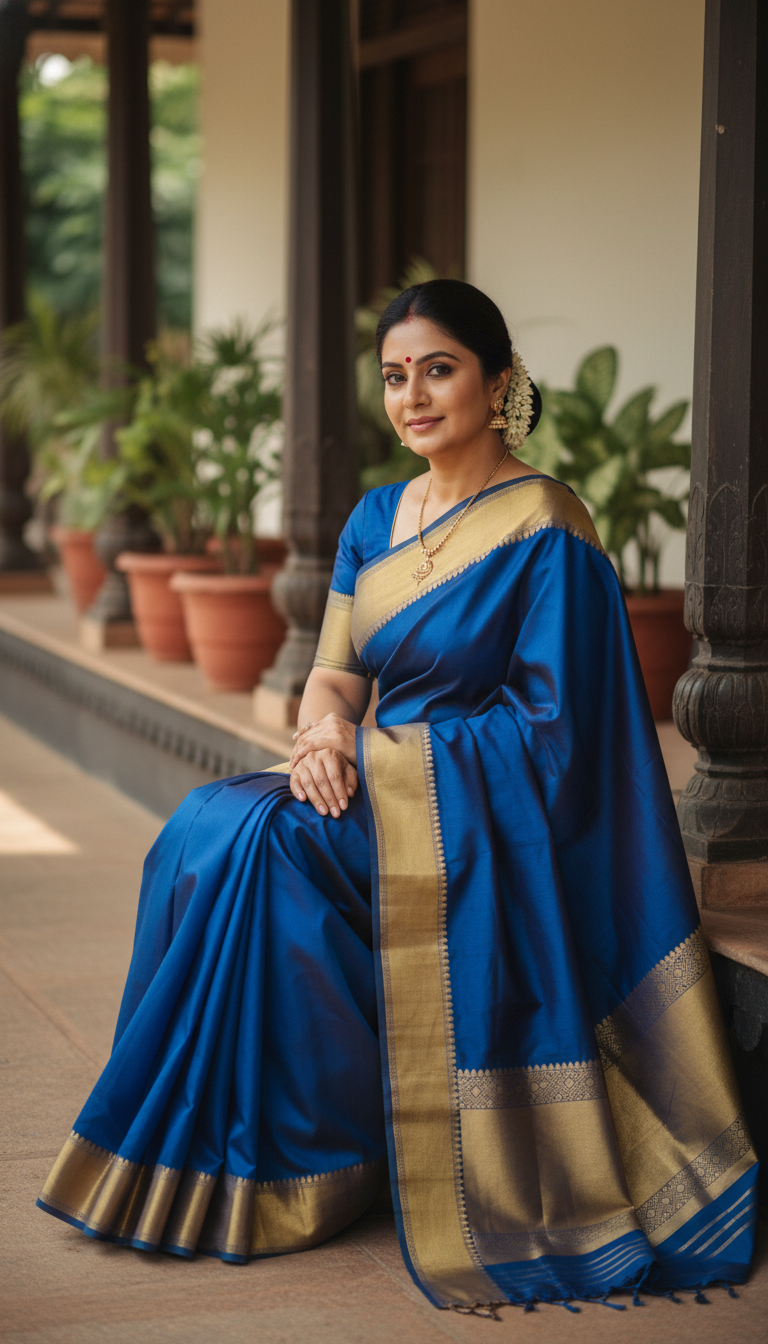 View Mangalagiri Saree on Traditional Veranda - AI transformation template example full size Mangalagiri Saree on Traditional Veranda - AI transformation template example
