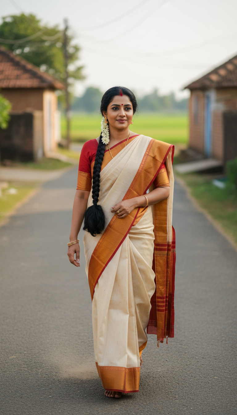 View Mangalagiri Saree on Village Road Walk - AI transformation template example full size Mangalagiri Saree on Village Road Walk - AI transformation template example