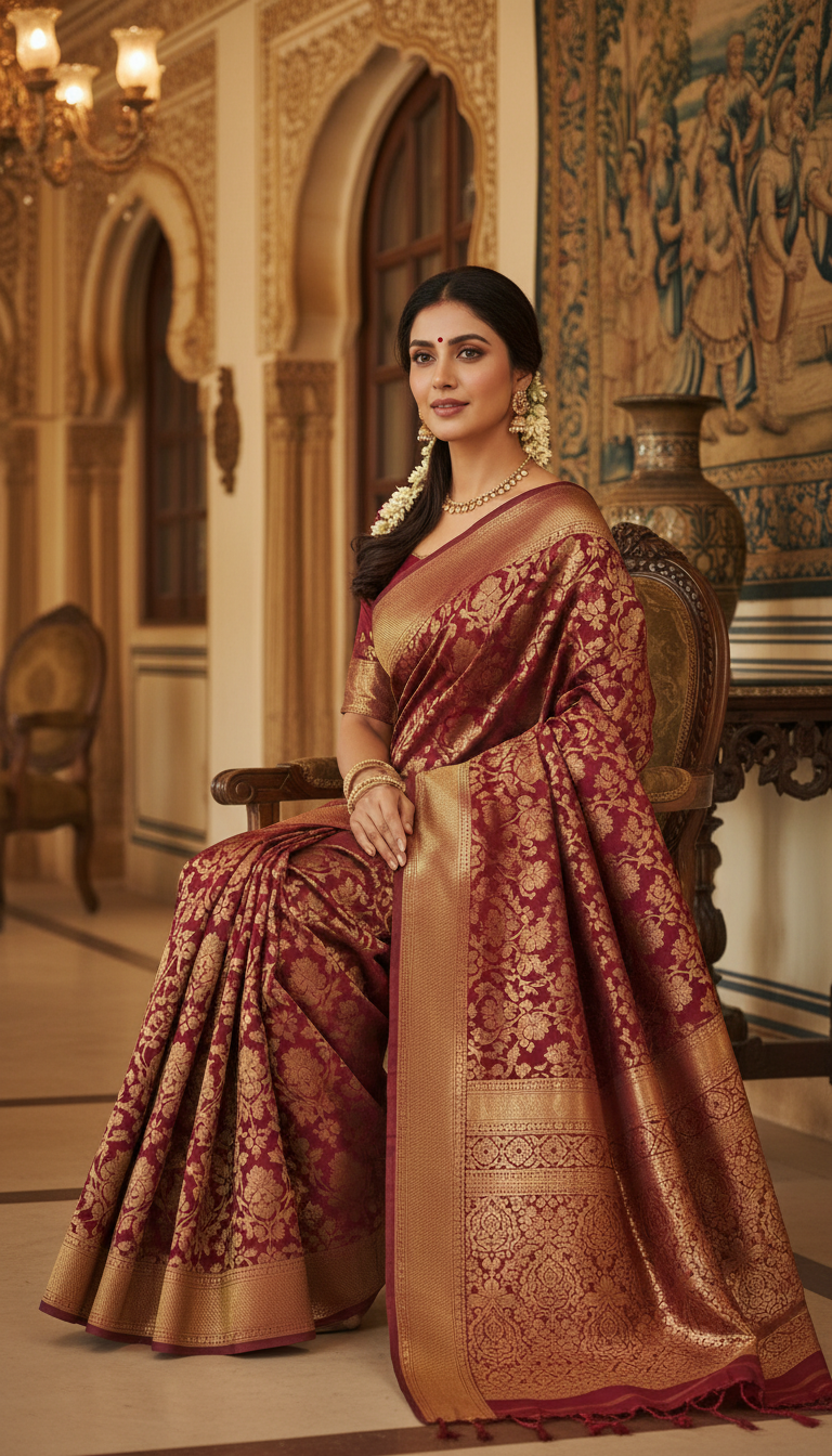 View Maroon Banarasi Shattir Saree in Palace - AI transformation template example full size Maroon Banarasi Shattir Saree in Palace - AI transformation template example