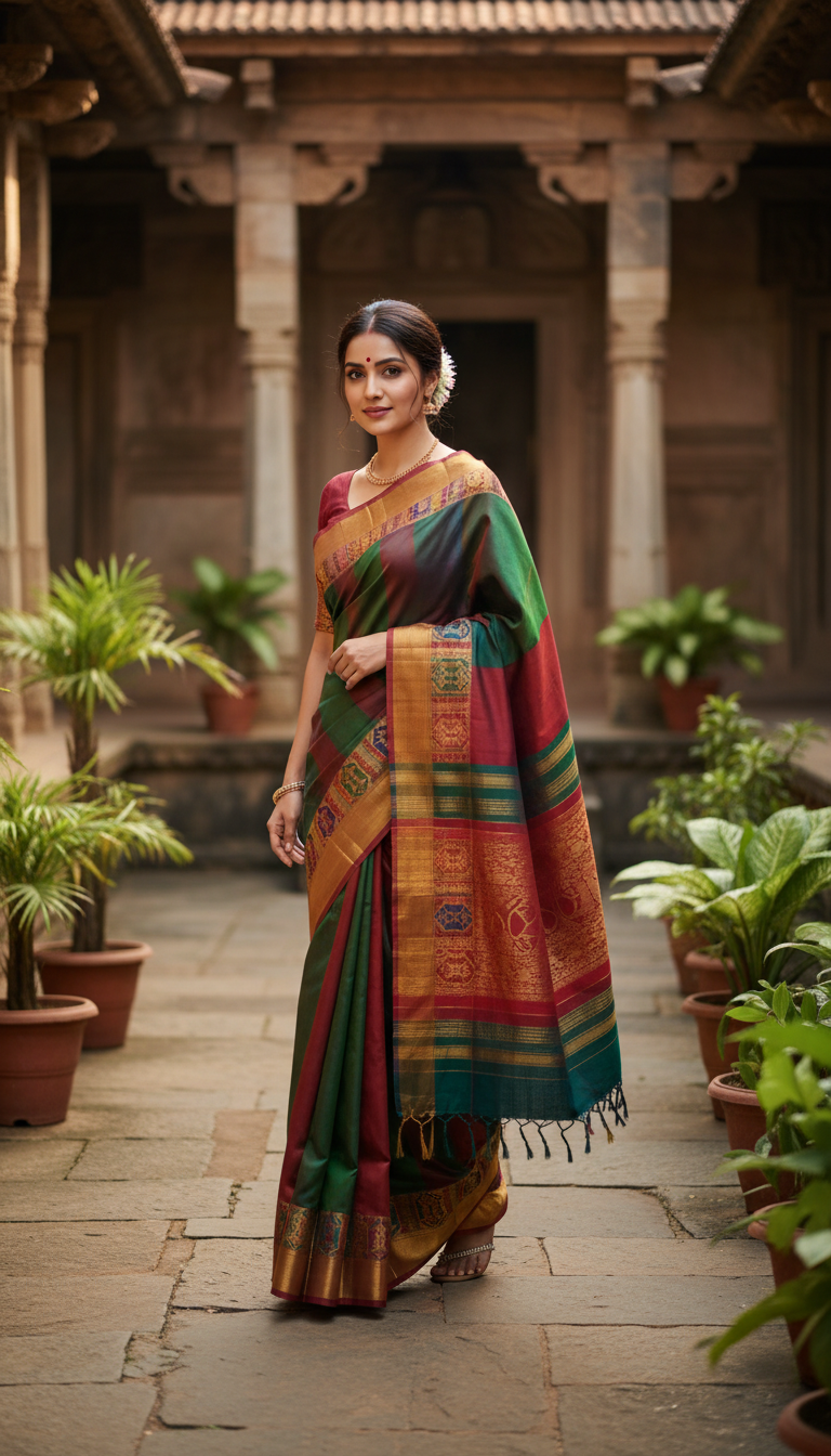 Moirang Phee Saree in Heritage Manipuri Courtyard - AI transformation template example