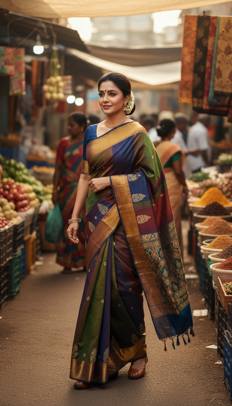 View Molakalmuru Saree in Vibrant Weekly Market Scene - AI transformation template example full size Molakalmuru Saree in Vibrant Weekly Market Scene - AI transformation template example