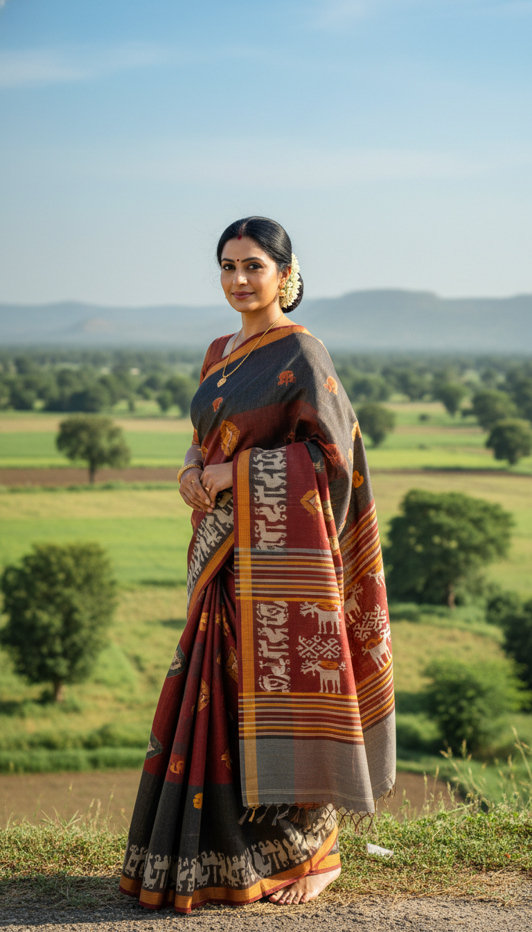 Molakalmuru Saree in Rural Karnataka Landscape - AI transformation template example