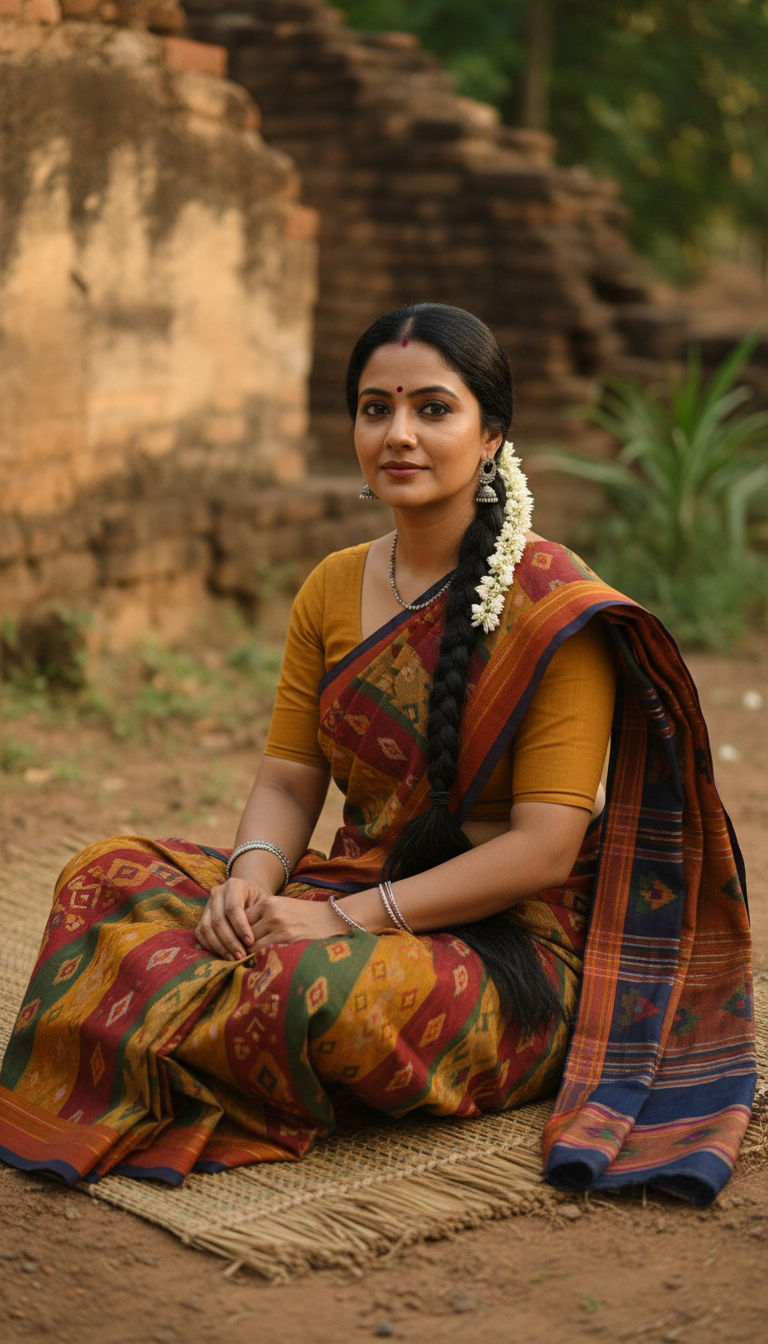 View Molakalmuru Saree Portrait on Ground - AI transformation template example full size Molakalmuru Saree Portrait on Ground - AI transformation template example
