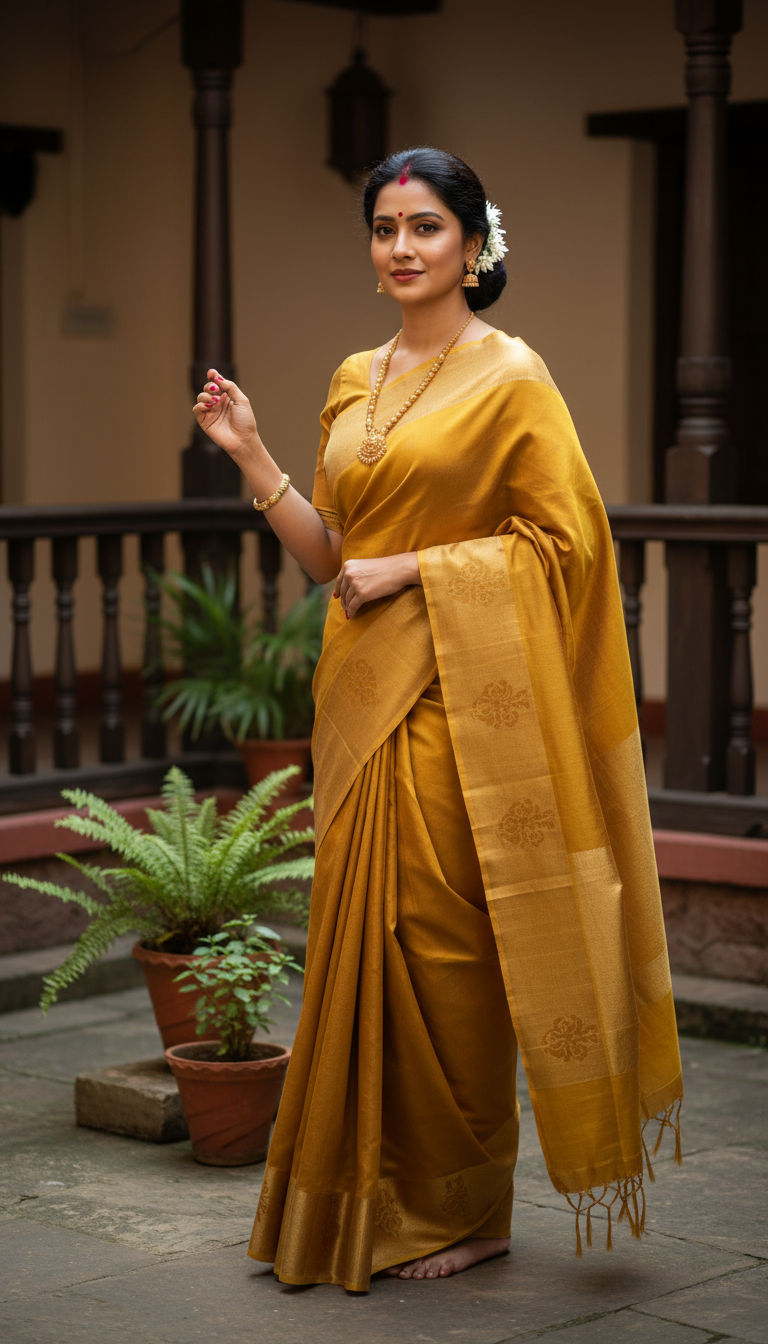 View Muga Silk Saree in Assamese Courtyard - AI transformation template example full size Muga Silk Saree in Assamese Courtyard - AI transformation template example