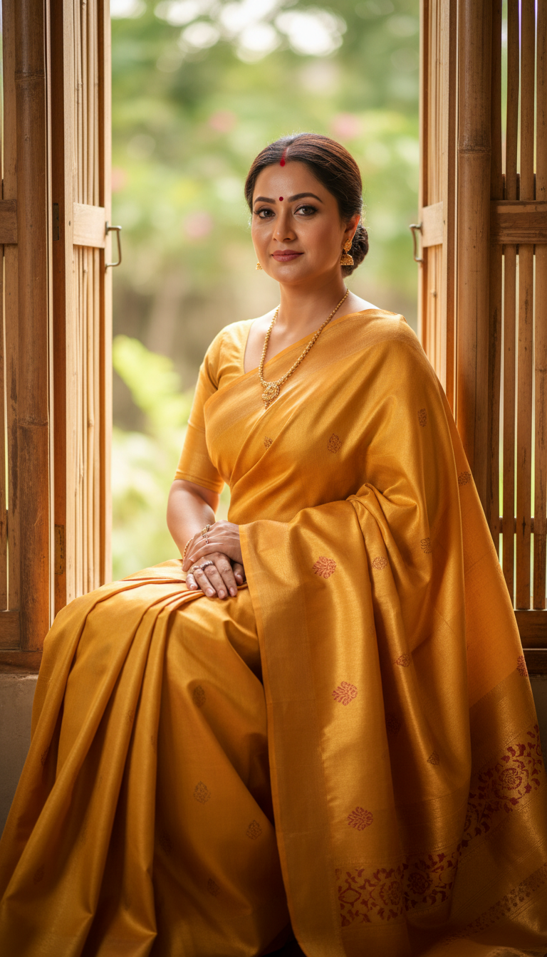 View Muga Silk Saree Elegance by Bamboo Window - AI transformation template example full size Muga Silk Saree Elegance by Bamboo Window - AI transformation template example