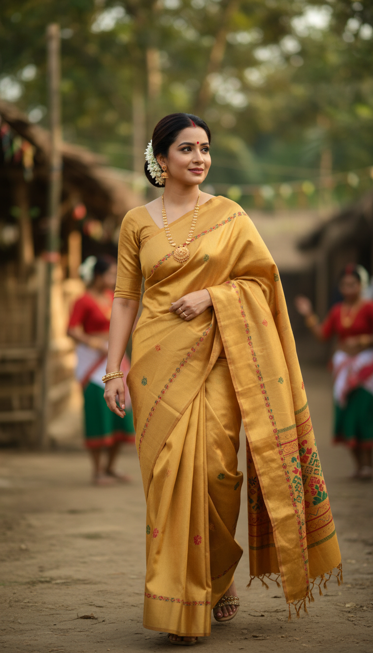 View Muga Silk Saree during Bihu Festival - AI transformation template example full size Muga Silk Saree during Bihu Festival - AI transformation template example