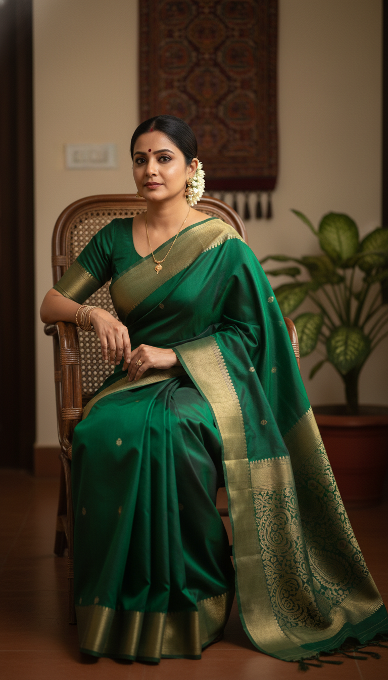 View Murshidabad Silk Saree on Cane Chair Portrait - AI transformation template example full size Murshidabad Silk Saree on Cane Chair Portrait - AI transformation template example